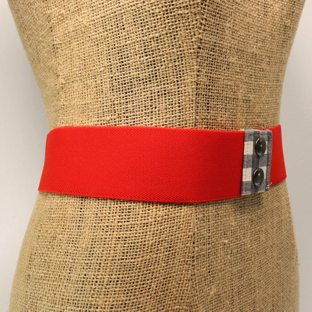 Vintage 70s Waist Belt Women 8 M Red Stretch Black White Check Snap